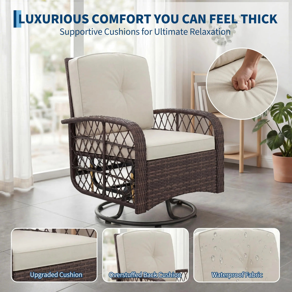HiMISS Outdoor Wicker Swivel Rocker Conversation Set With Glass Table