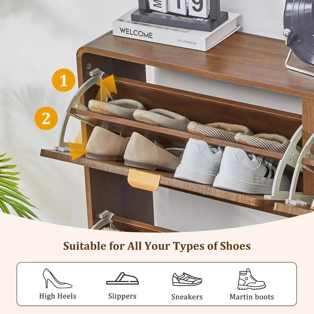 Narrow Freestanding Wood Shoe Storage Cabinet,Wave Panel & 4 Flip Drawers For Entryway, Custom