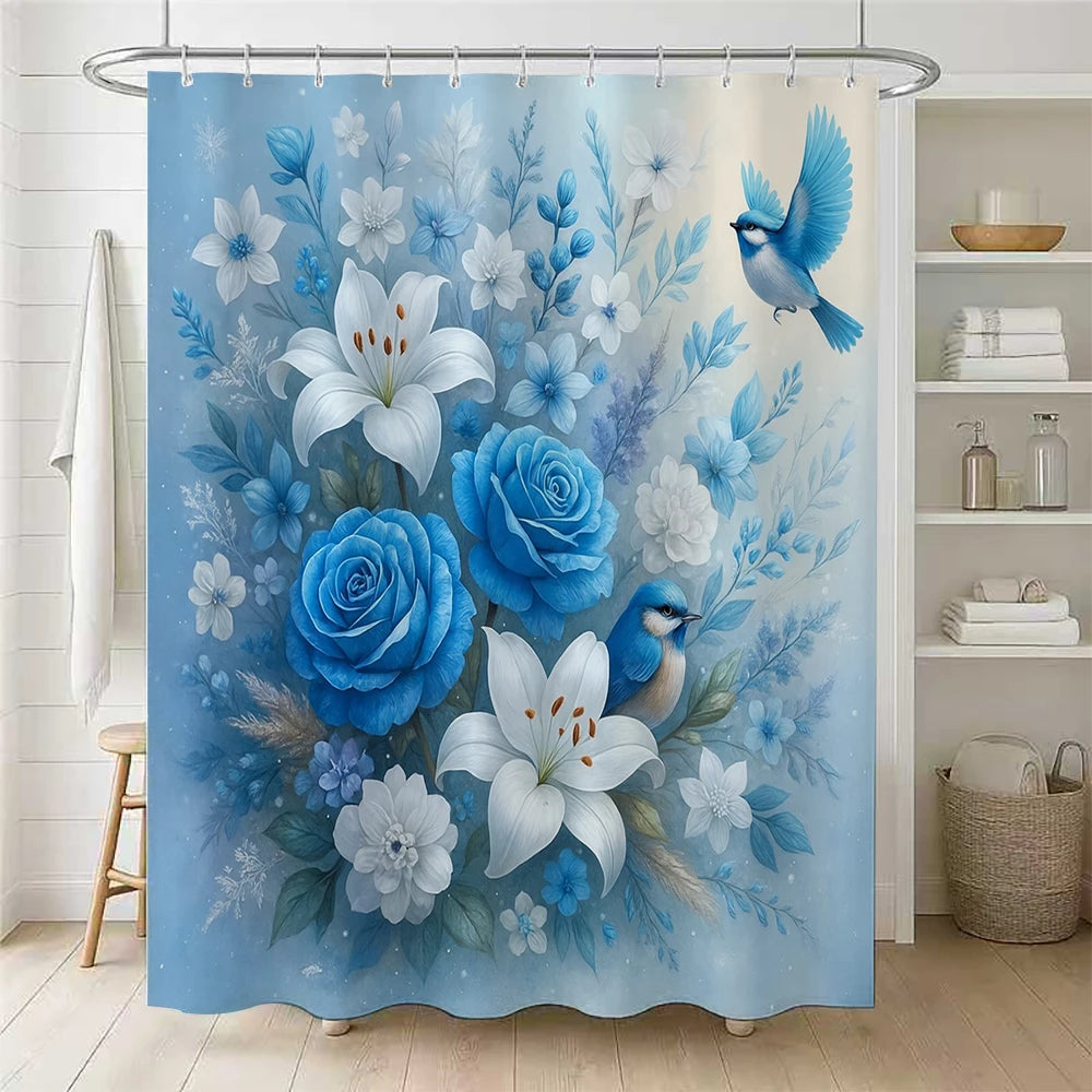 Flower Bird Shower Curtain Set With Carpet And Toilet Seat