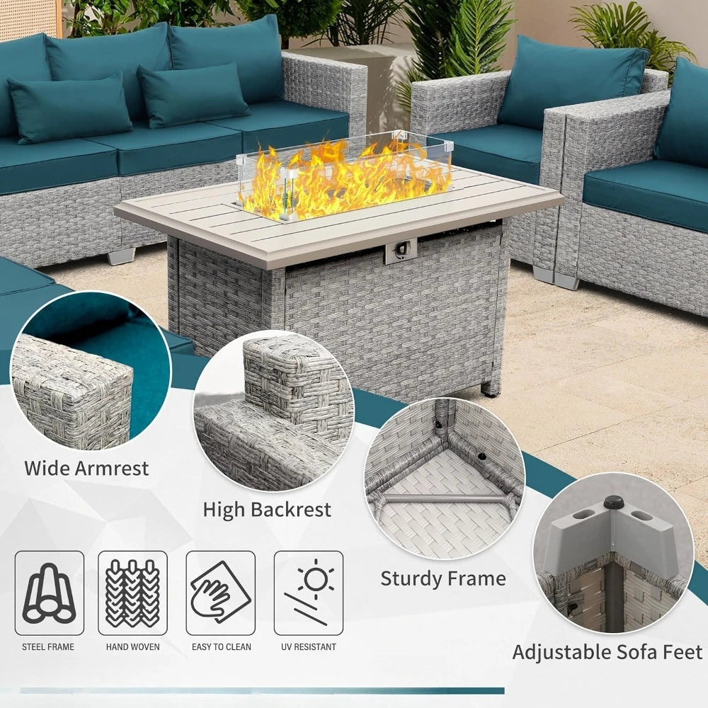 Outdoor Patio Furniture Sets 6 PE Rattan Wicker Sectional Sofa Couch with Fire Pit Table and Grey Cushions