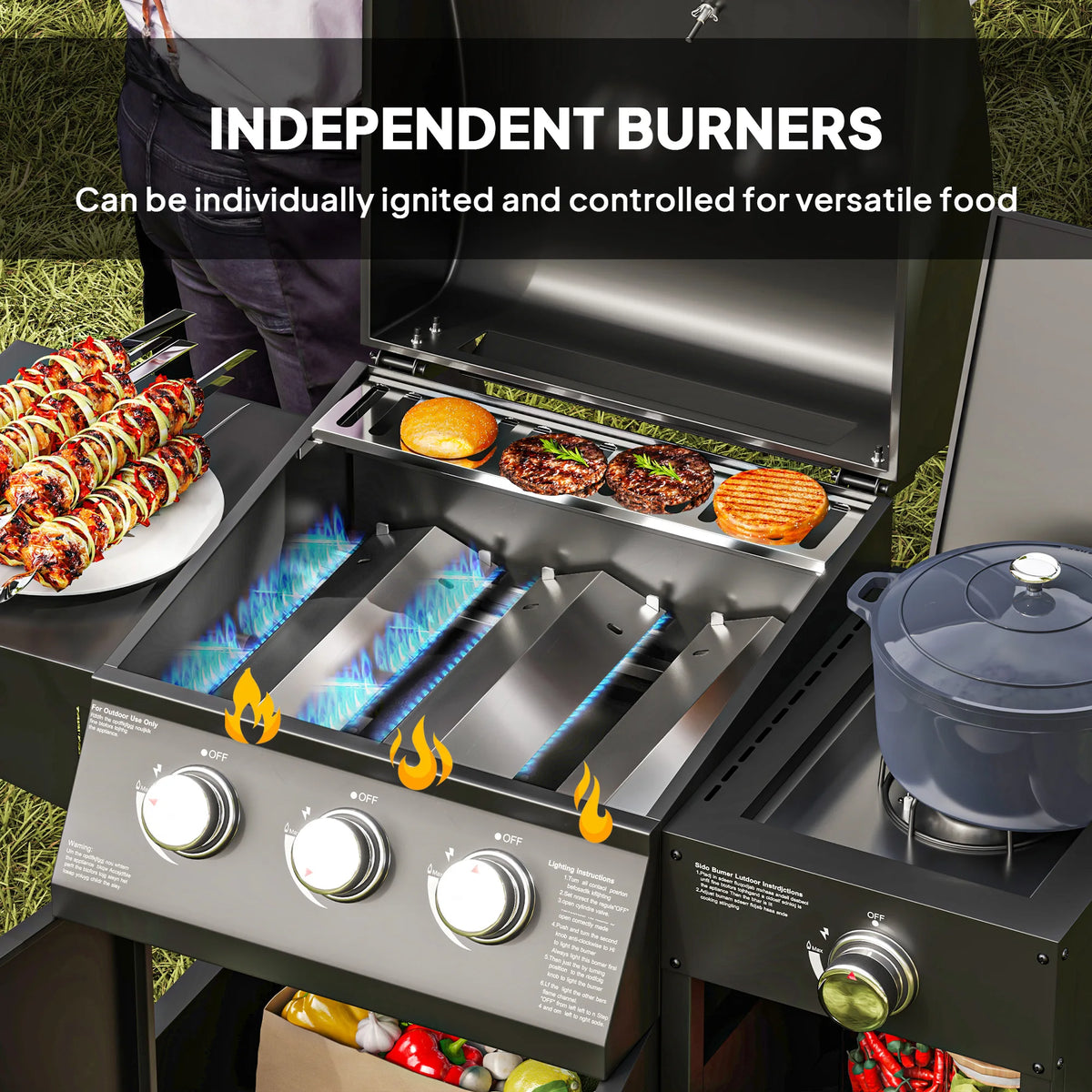 Outsunny Three Burner Gas Grill With Side Burner And Shelves