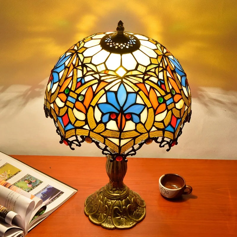 European Tiffany Style Stained Glass Table Lamp Grape Motif