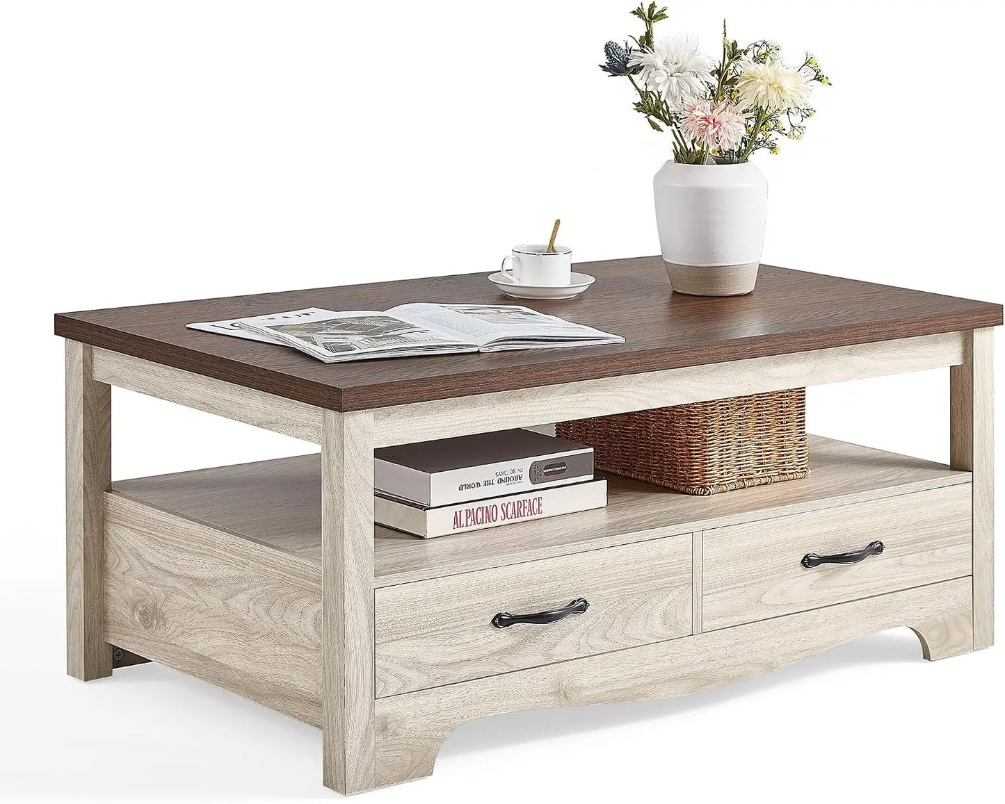 Farmhouse Coffee Table With Storage, Wood Coffee Table For Living Room, Open Display Area And Storage Drawers With Metal