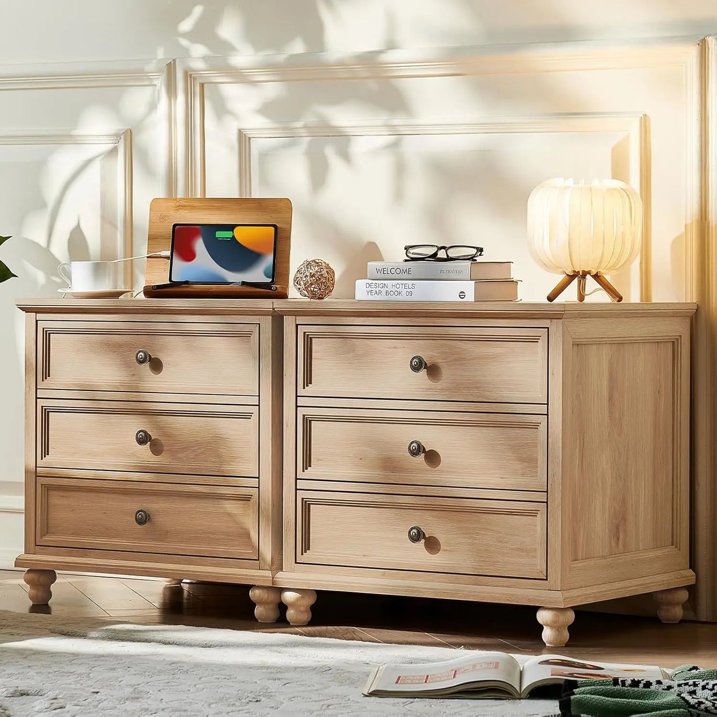 Farmhouse Nightstand With Charging Station Three Drawers Bedside Wood