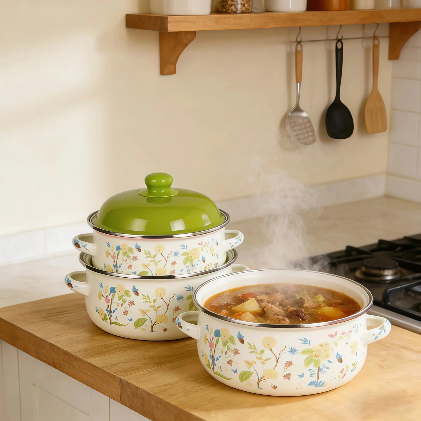 Three Piece Vintage Enamel Stock Pot Set With Lids
