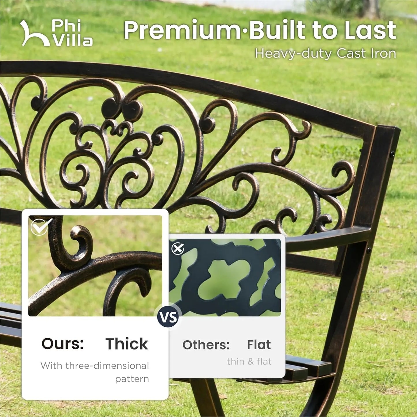 50in Cast Iron Steel Garden Bench Patio Chair w/Floral Backrest Slatted Seat Park Yard Porch Bronze, Customized