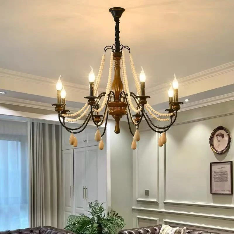 SaloEElaitte American Retro Wood Candle E27 Chandelier Pendant Light