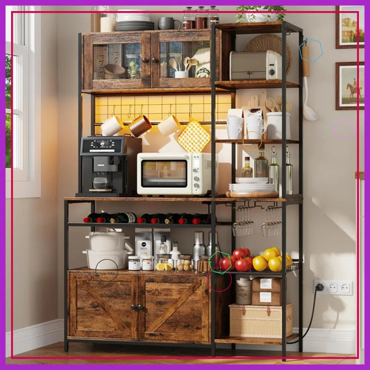 Wood Bakers Rack With Power Outlet LED Lighting Microwave Stand