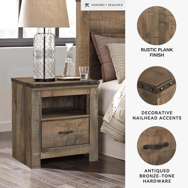 Signature Design by Ashley Trinell Rustic 1 Drawer Nightstand, USB Charing, Storage Cubby,Wood, 24.72" W x 16.18" D x 26.22" H,