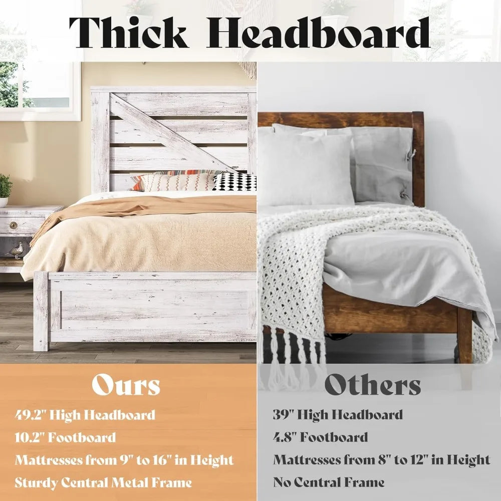 Full Size Bed Frame with Barn Door Headboard, Farmhouse Platform, Wood Slats, No Box Spring, Under Bed Storage, White