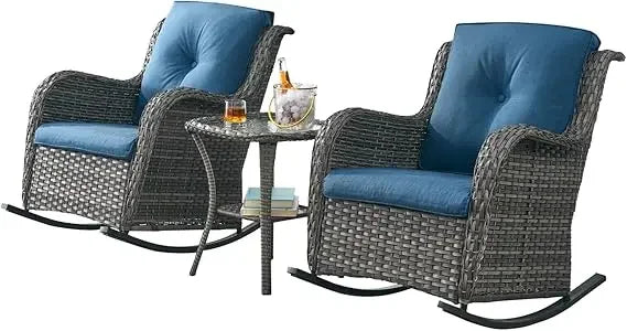 Patio Chairs Outdoor Rocking Chair - 3 Piece Wicker Patio Bistro Set Rattan Patio Furniture Rocker Chairs and Side Table