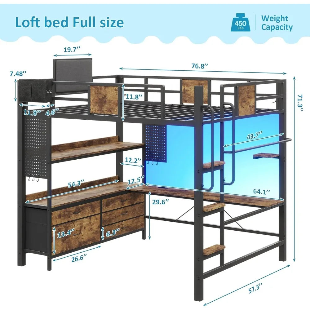 Full Size Loft Bed with Desk 5 Drawers 3 Open Shelves LED Lights Charging Station Stairs Vintage Brown