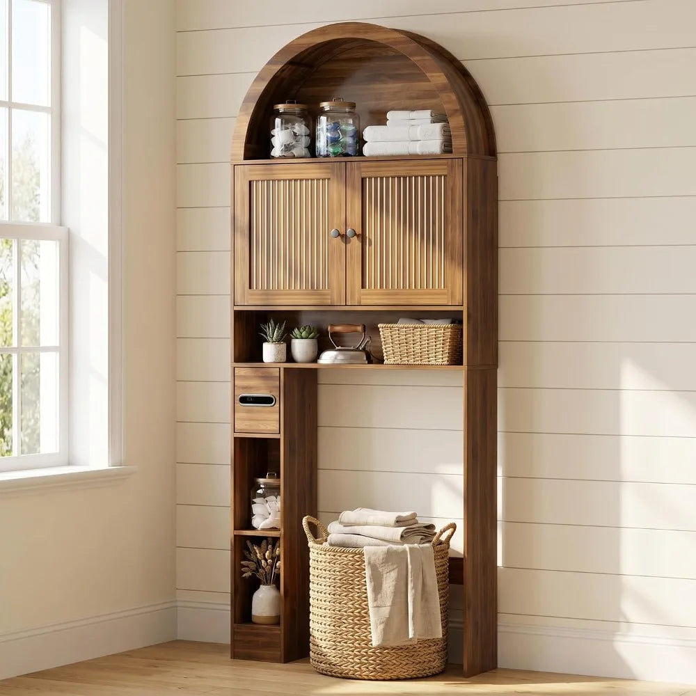 4-Tier Over Toilet Storage Cabinet, Fluted Doors, Walnut, Bathroom Organizer with TP Holder
