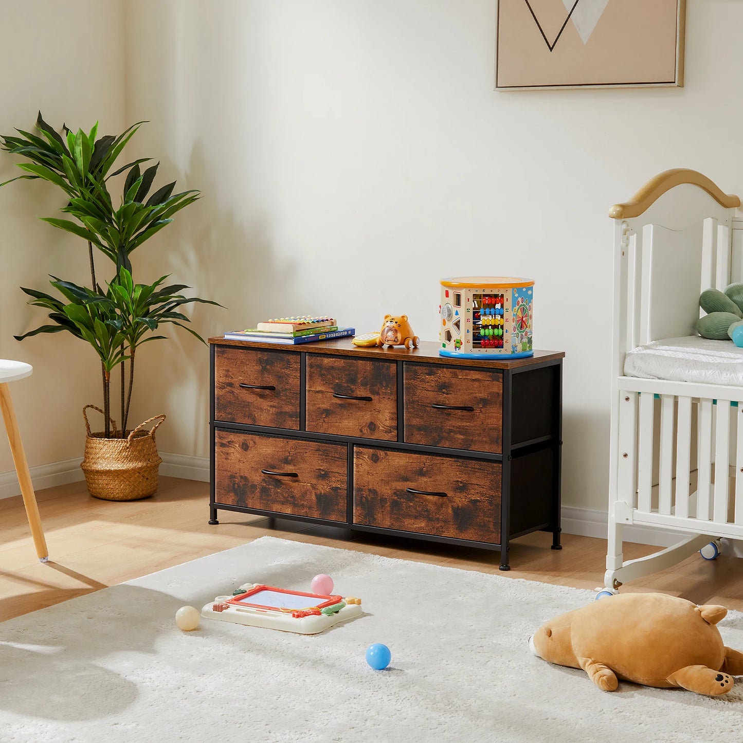 MCQ 5 Drawer Dresser for Bedroom Closet Chest Organizer Furniture TV Stand for Living Room Hallway Wide Fabric Storage Tower with Wooden Top and Metal Frame