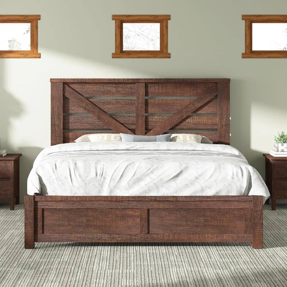 Farmhouse Bed Frame With Barn Door Headboard And Storage