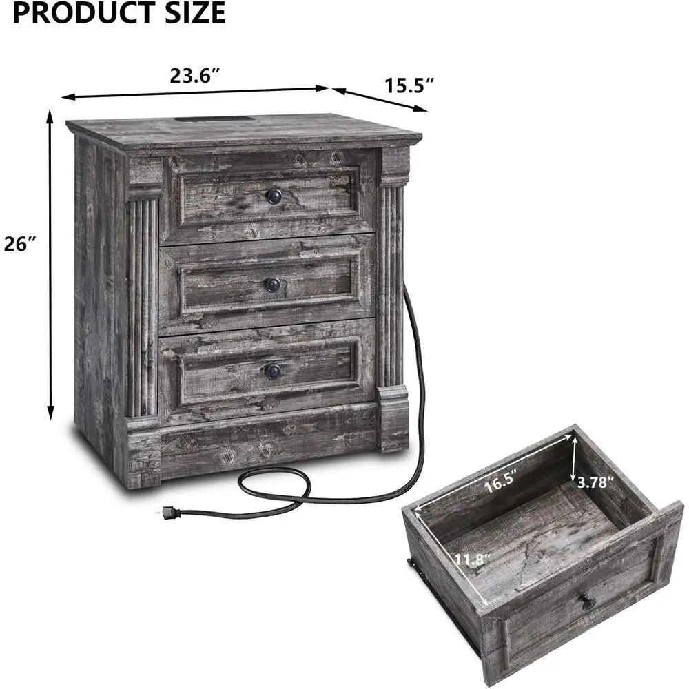 Set of 2 Tall Nightstands, 3 Drawers End Table with Charging Station, Wide Side Table, Rustic Sofa Table for Living Room or Bedr