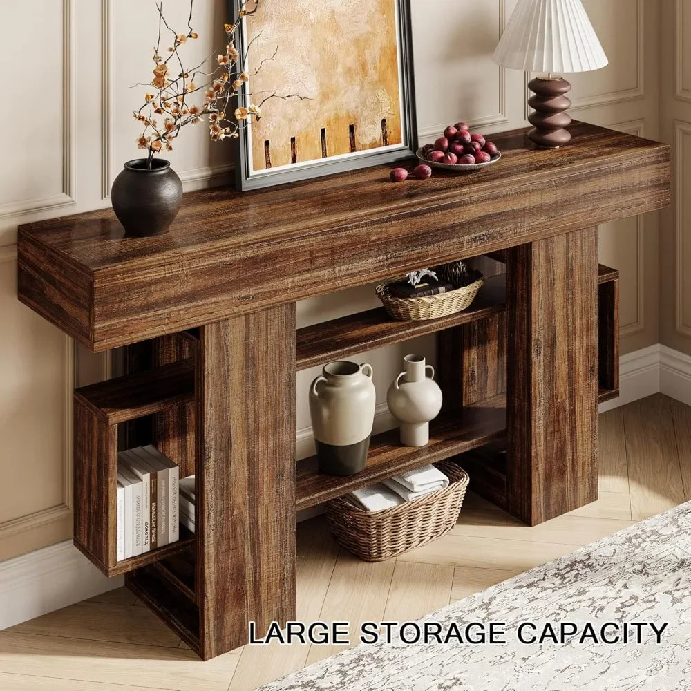 63 Inch Console Table with Storage, Narrow Sofa Table Behind Couch, Farmhouse Entryway Table for Living Room, Rustic Brown