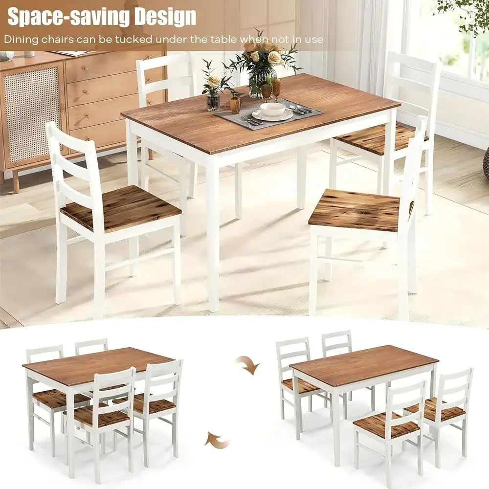 Dining Table Set for 4, Solid Wood Kitchen Table and Chairs, Farmhouse Dinette Set w Apron, Rubber Wood Legs, MidCentury Modern