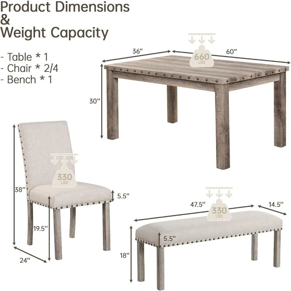 Modern Dining Set for Six with Wooden Table Upholstered Bench Four Chairs Nailhead Trim Rectangular Kitchen Room