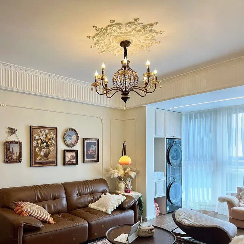 French Retro Candle Pendant Lights with Amber Crystal Vintage Brown Iron E14 Ceiling Chandelier for Living Room Kitchen Table