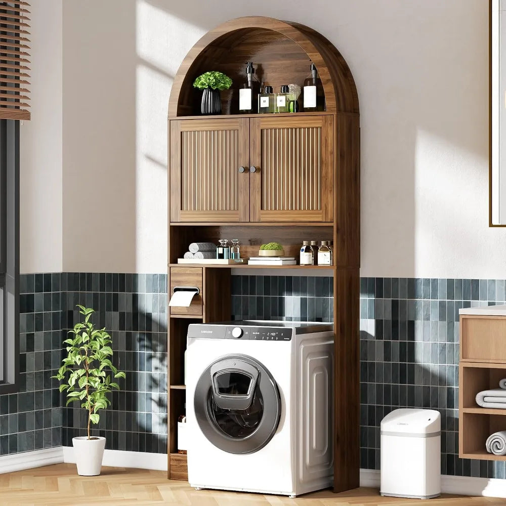 4-Tier Over Toilet Storage Cabinet, Fluted Doors, Walnut, Bathroom Organizer with TP Holder