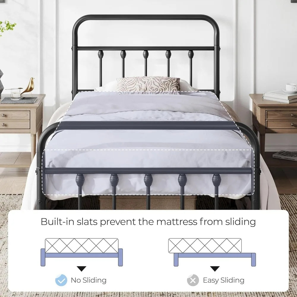 Twin Metal Bed Frame with Iron-Art Headboard, 450 lb Capacity, Storage Space, No Box Spring Needed
