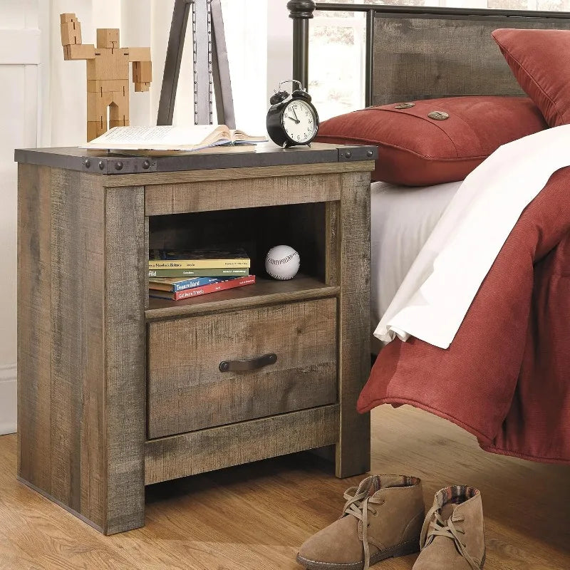 Signature Design by Ashley Trinell Rustic 1 Drawer Nightstand, USB Charing, Storage Cubby,Wood, 24.72" W x 16.18" D x 26.22" H,
