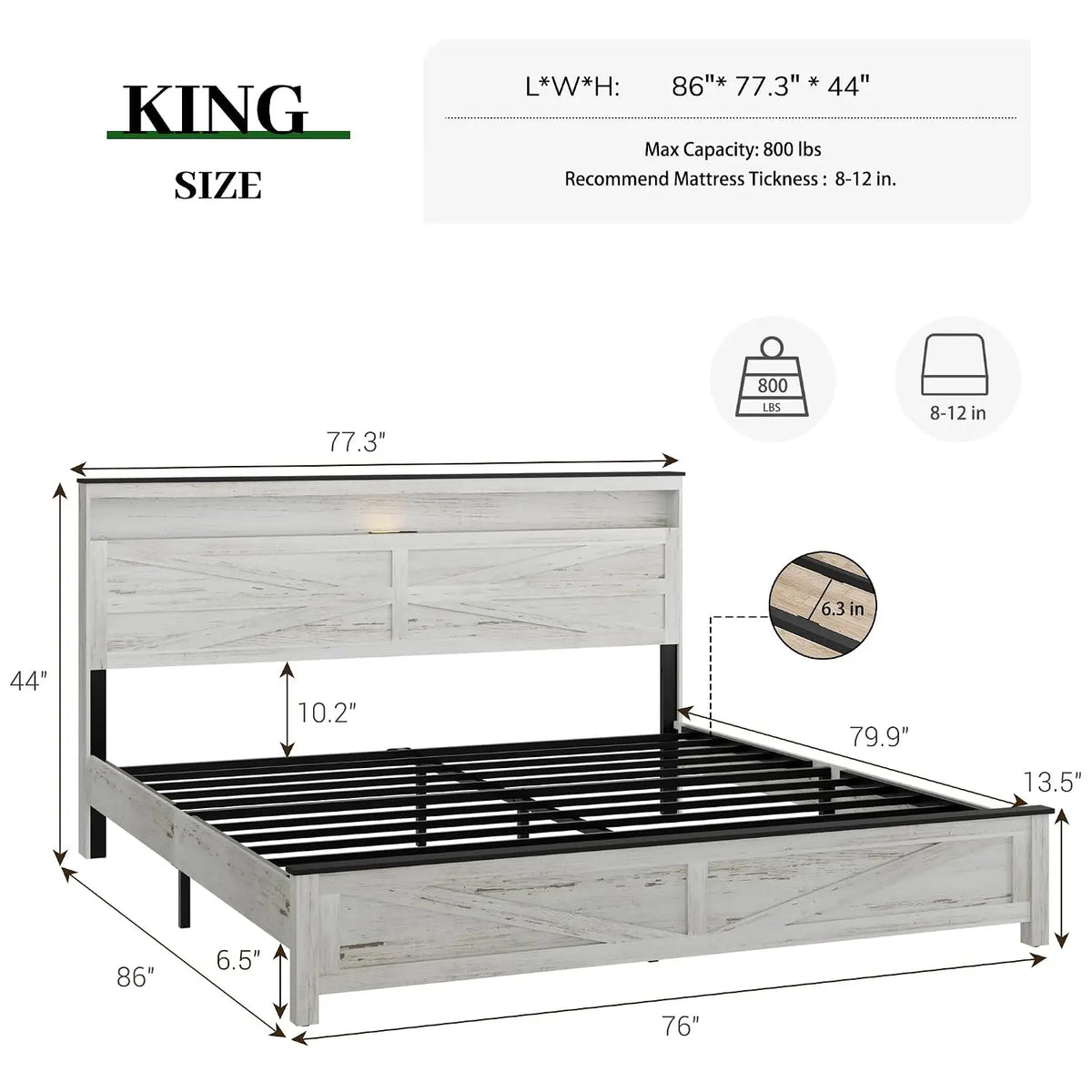 Rustic Wood King Bed Frame with LED Lights & Charging Station, Easy Assembly No Box Spring Needed, Customized
