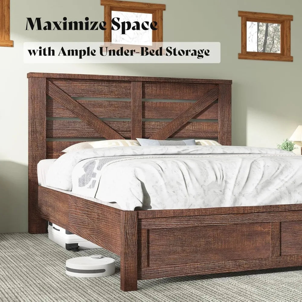 Farmhouse Bed Frame With Barn Door Headboard And Storage