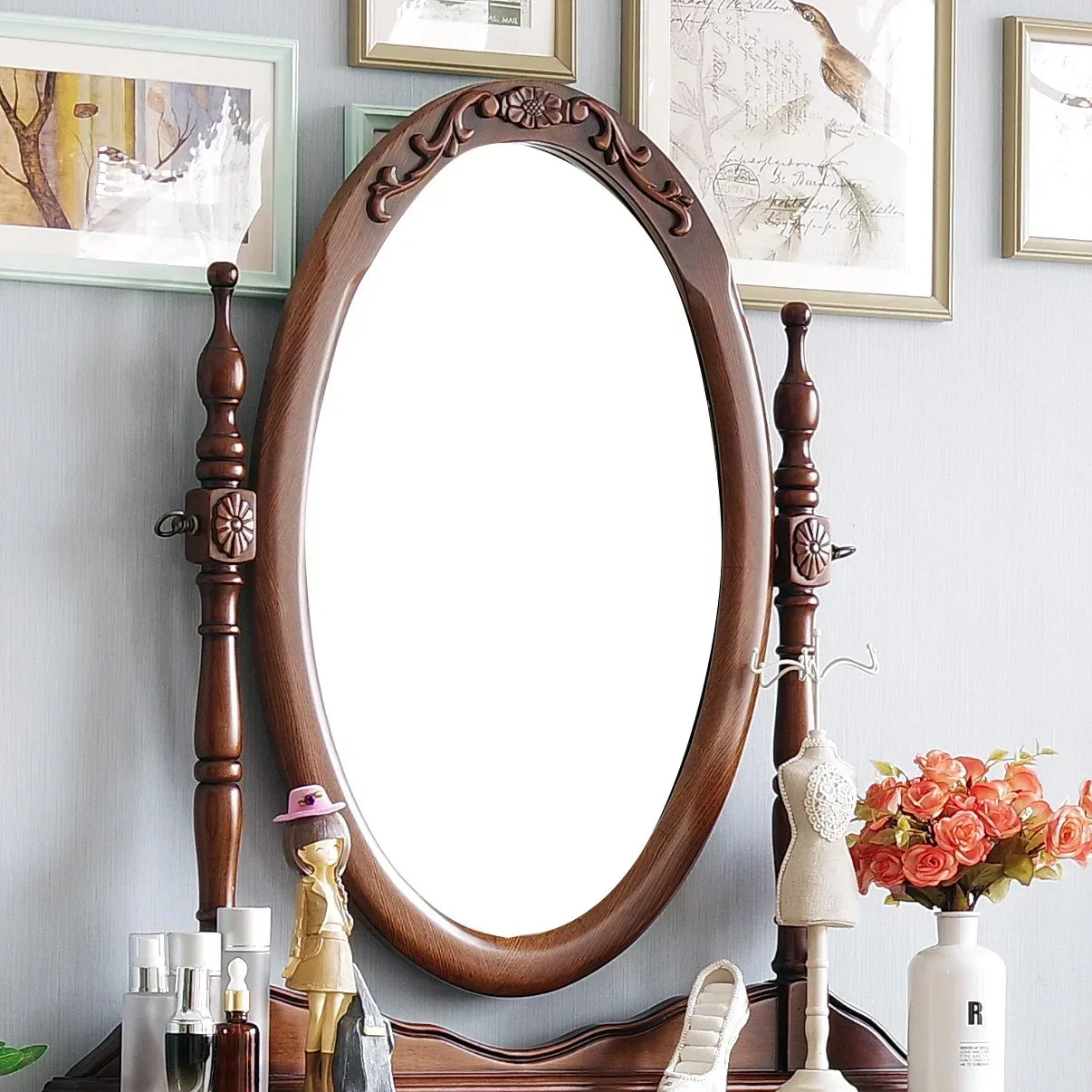 Mirror Table Bedroom European Solid Wood Dresser Amercia Princess Furniture Dark Villa Luxury Carved Makeup Table Dressing Table