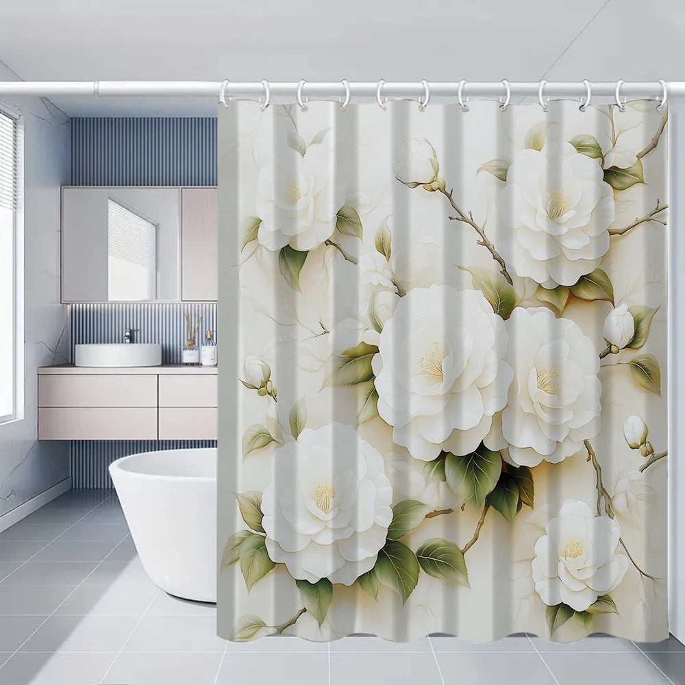 Flower Bird Shower Curtain Set With Carpet And Toilet Seat