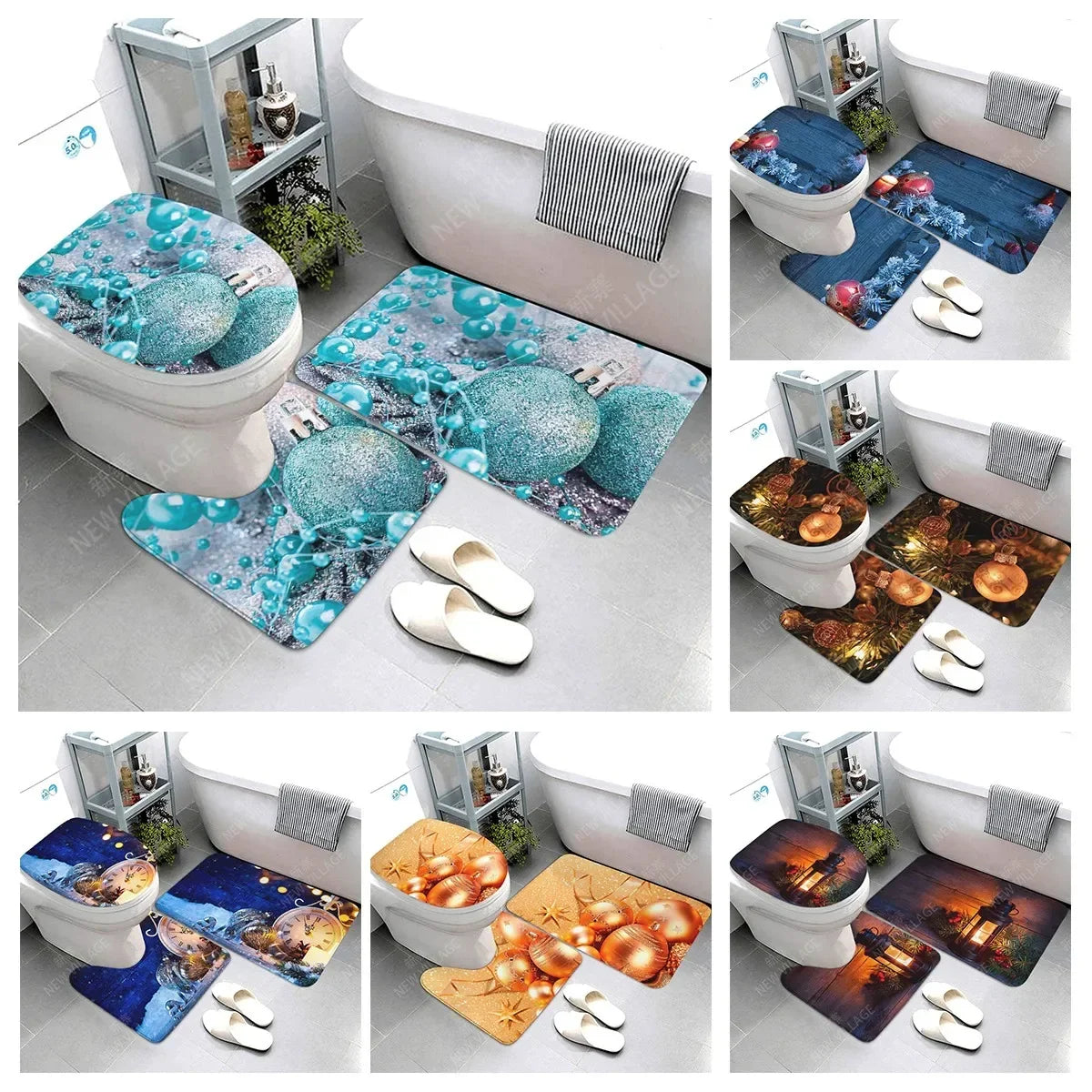 Modern Suede Geometric Bath Mat Set 3Pc Non Slip Rugs