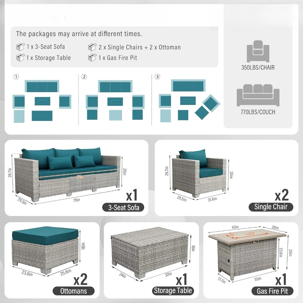 Outdoor Patio Furniture Sets 6 PE Rattan Wicker Sectional Sofa Couch with Fire Pit Table and Grey Cushions