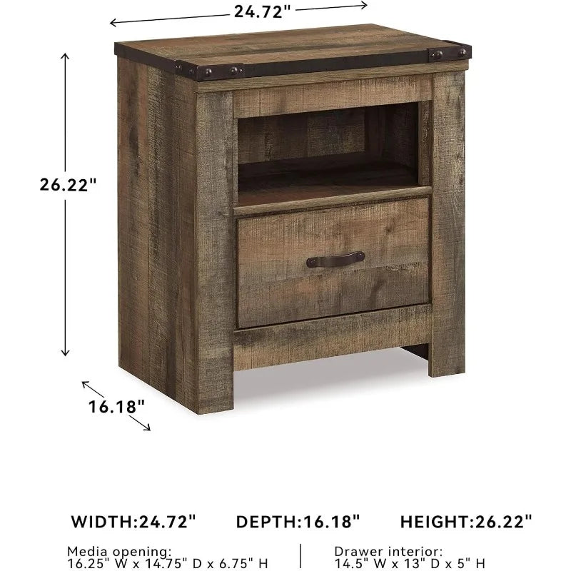 Signature Design by Ashley Trinell Rustic 1 Drawer Nightstand, USB Charing, Storage Cubby,Wood, 24.72" W x 16.18" D x 26.22" H,