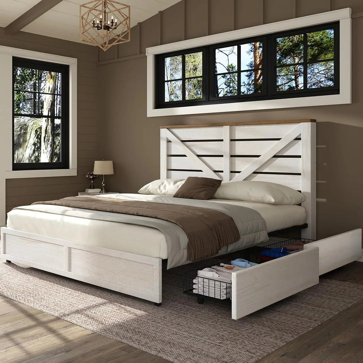 Farmhouse Queen Bed Frame with 4 Drawers, Wooden Platform Barn Door Headboard, Metal Slats, No Box Spring, White & Barnwood, Cus