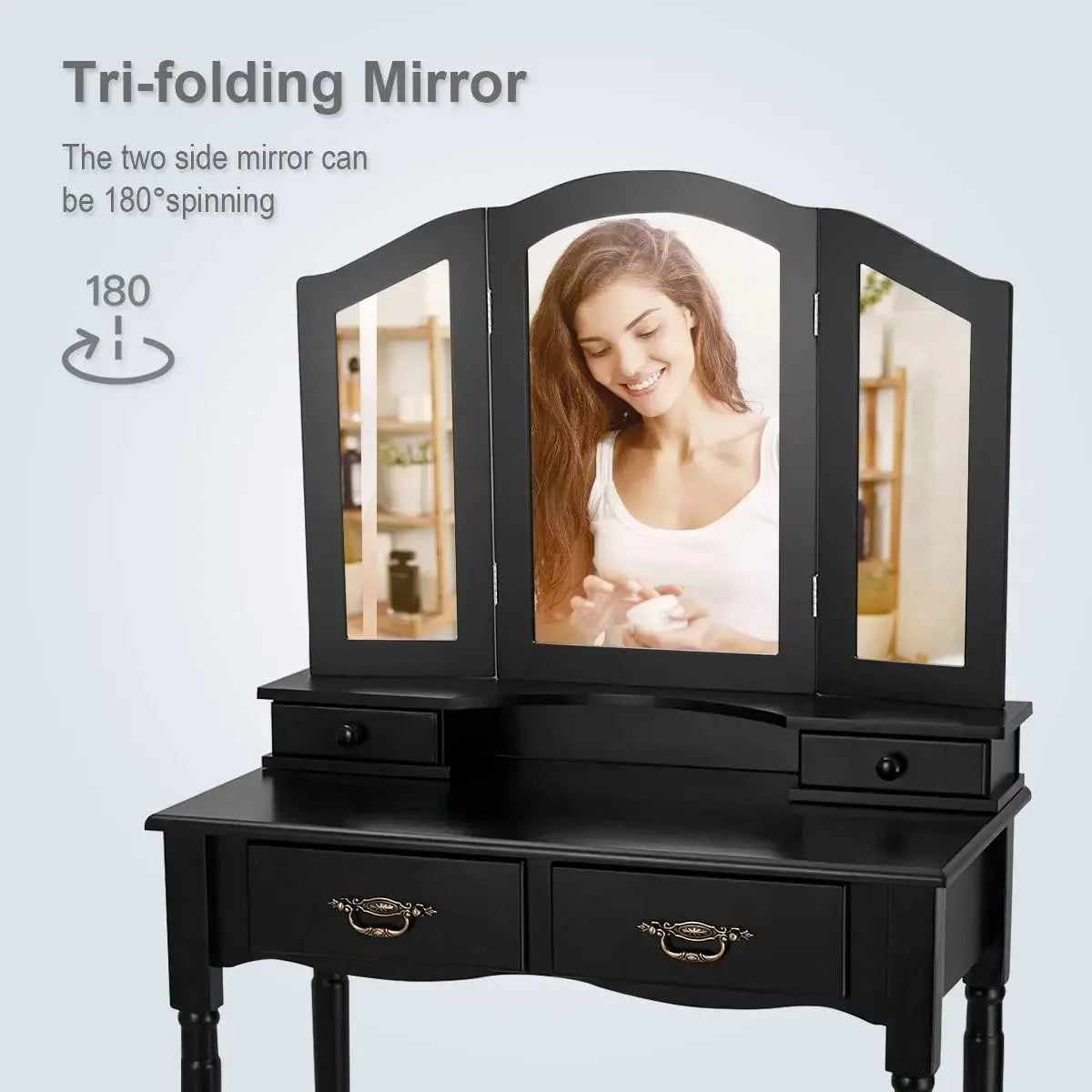 Vanity Table Set With Tri Folding Mirror And Four Drawers