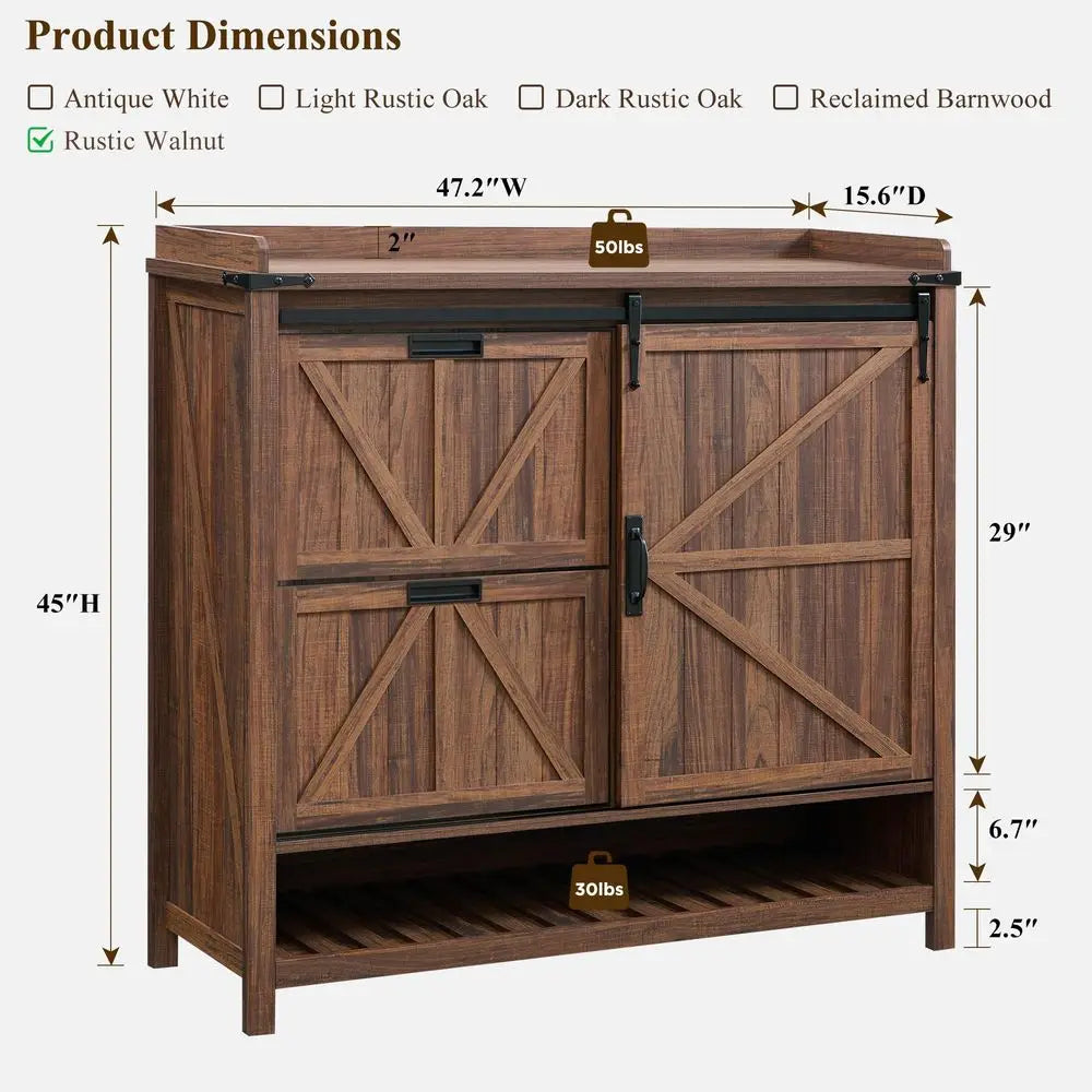 Rustic Farmhouse Shoe Storage Cabinet With 2 Flip Drawers Sliding Door