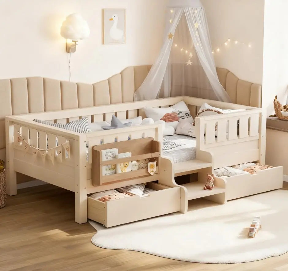 Twin Kids Bed With High Rails Built In Bookshelf Storage Wood Montessori
