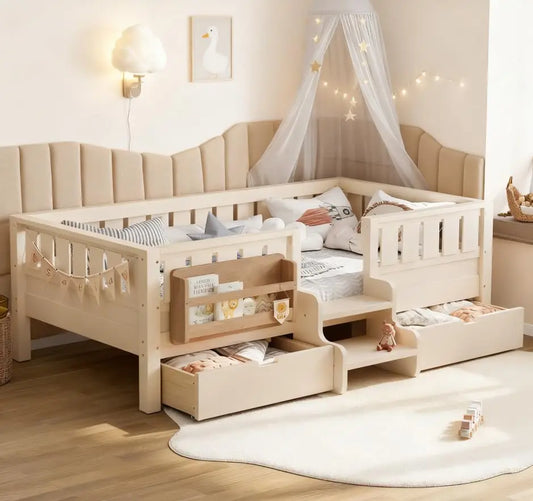 Twin Kids Bed With High Rails Built In Bookshelf Storage Wood Montessori