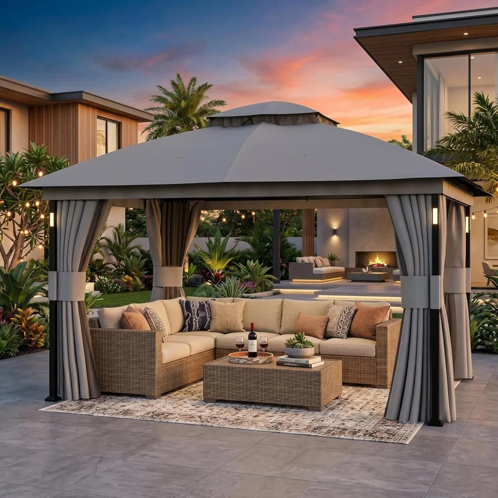 11x13 Outdoor Patio Gazebo with LED Lights & Bluetooth Speaker Double Roof Metal Frame Netting Curtains Backyard Canopy, Custom