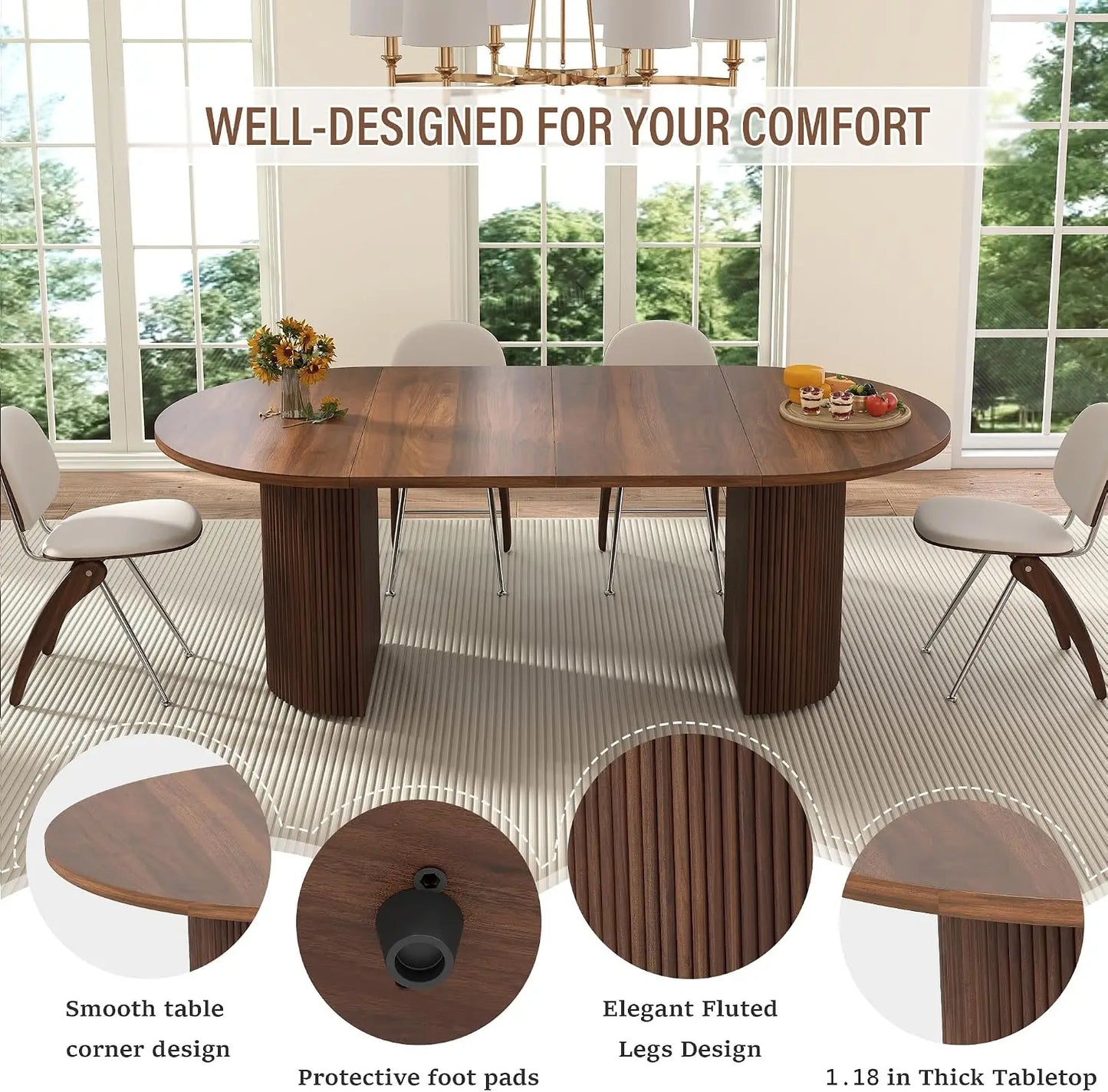 41 in-78 in Extendable Dining Room Table for 4-8, Round Expandable Kitchen Table with Fluted Base, Modern Farmhouse Oval Dinner