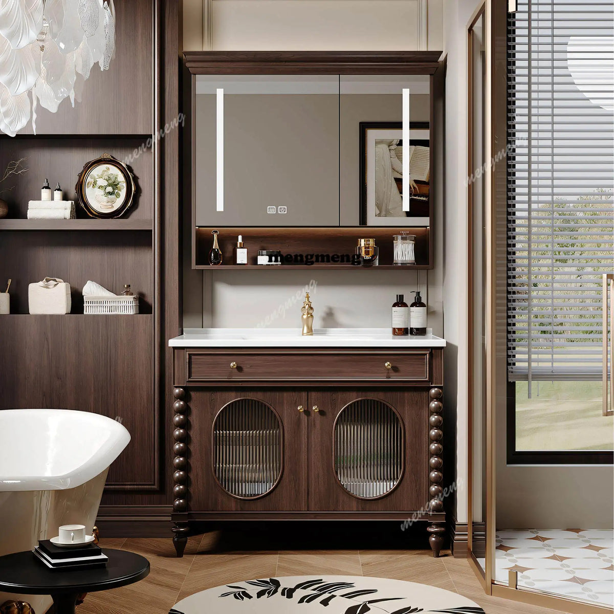 American Retro Rubberwood Bathroom Cabinet With Ceramic Integrated Basin