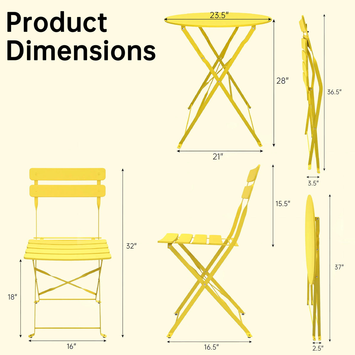 TUAREX Folding Steel Bistro Set With Table And Chairs