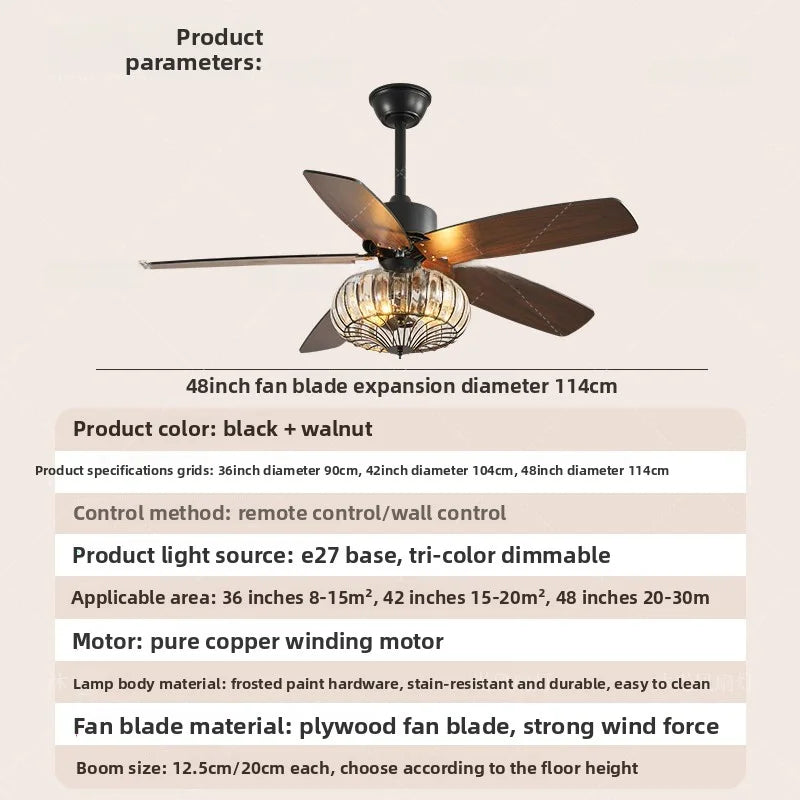 2026 Modern Simple Terrace Villa Fan Lamp Courtyard Ceiling Fan Lamp Retro American Style Crystal Electric Fan Integrated Lamp
