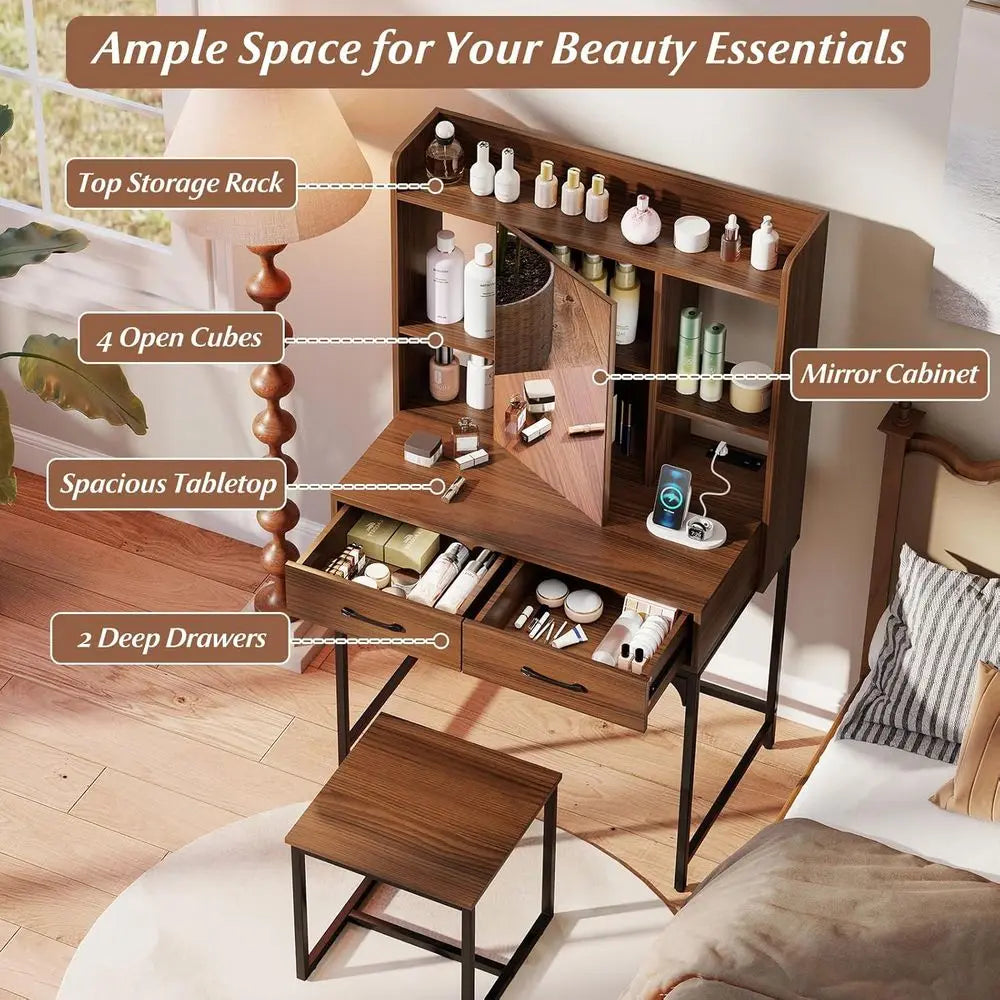 Vanity Desk with Mirror and Stool, Industrial Dring Table with Power Outlet, 4 Shelves, 2 Storage Ders, Bedroom Makeup Vanity Se