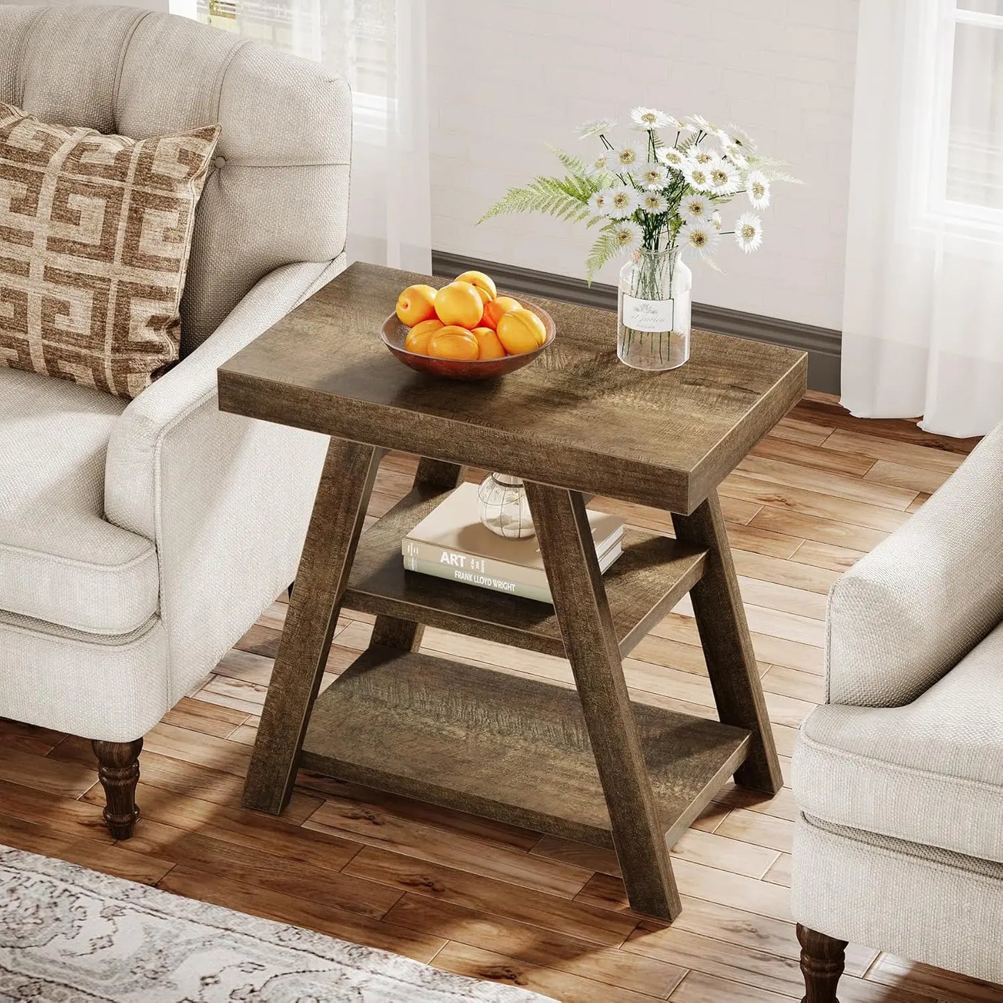 LITTLE TREE 3-Tier Small End Table, Farmhouse Wooden Side Table for Couch, Vintage Sofa Side Table for Living Room,Bedroom