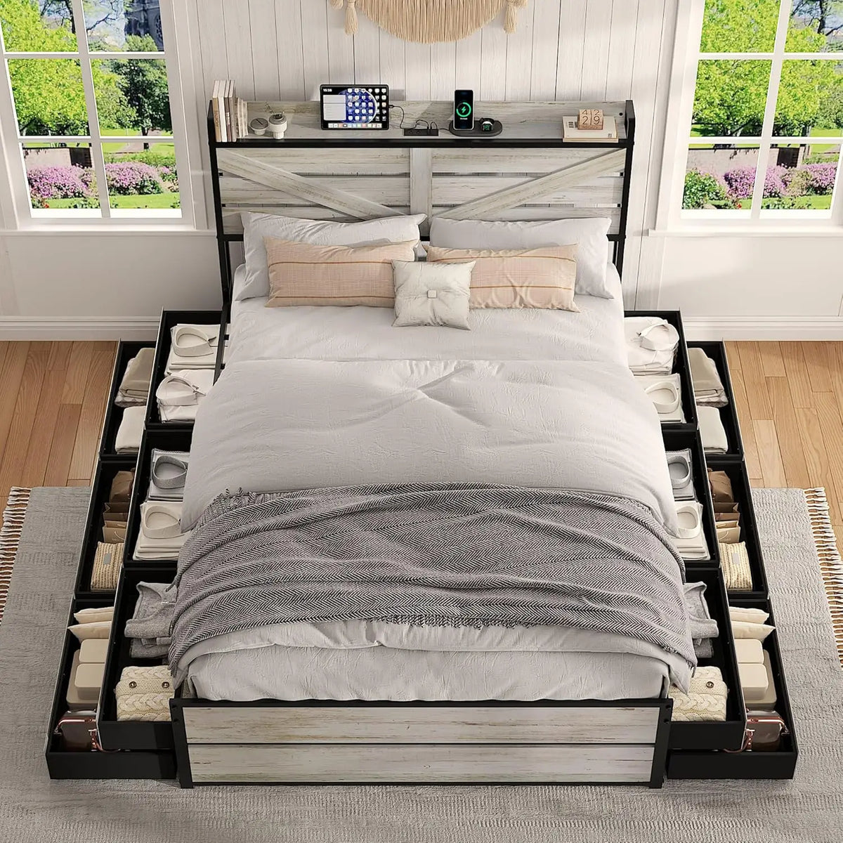 Wooden Platform Bed Frame With Storage Drawers And Charging Station
