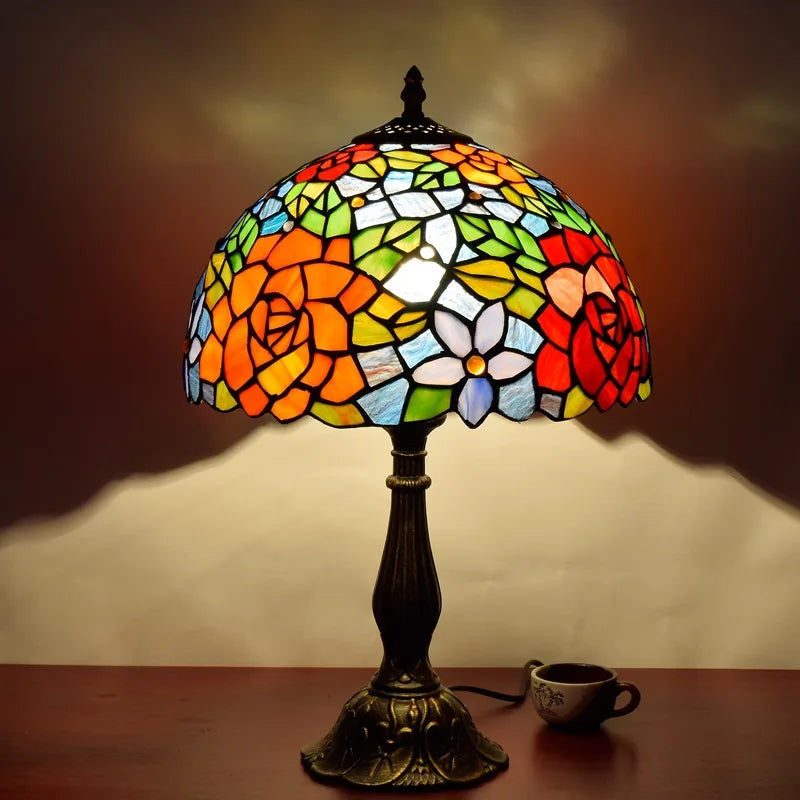 Mosaic Stained Glass Table Lamp Dragonfly Tulips Sunflowers Bedroom Home
