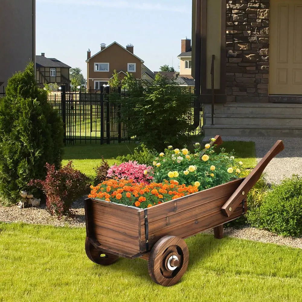 Porcelain Wagon Cart Plant Pot Stand Raised Garden Planter Box