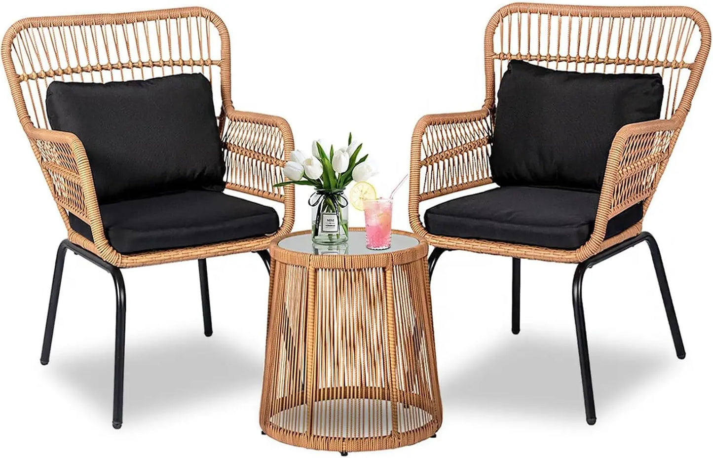 3 Pieces Outdoor Wicker Bistro Patio Furniture Set, Porch Furniture Rattan Conversation Sets with Side Table and Cushions